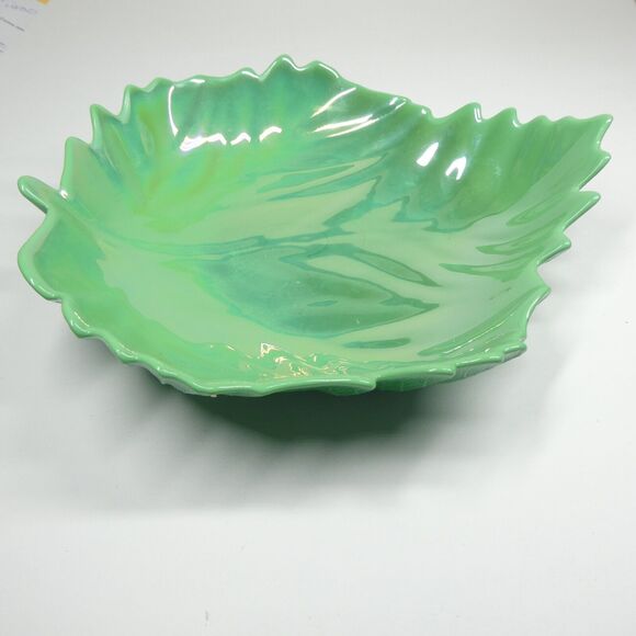 Lettuce Shaped Glass Bowl Green Iridescent Cabbage Leaf Vintage Dish - Picture 7 of 11